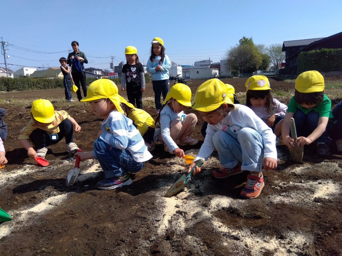 畑には、しゃがんでスコップで土を掘っている子やそれを離れた場所から眺めている子などがいる