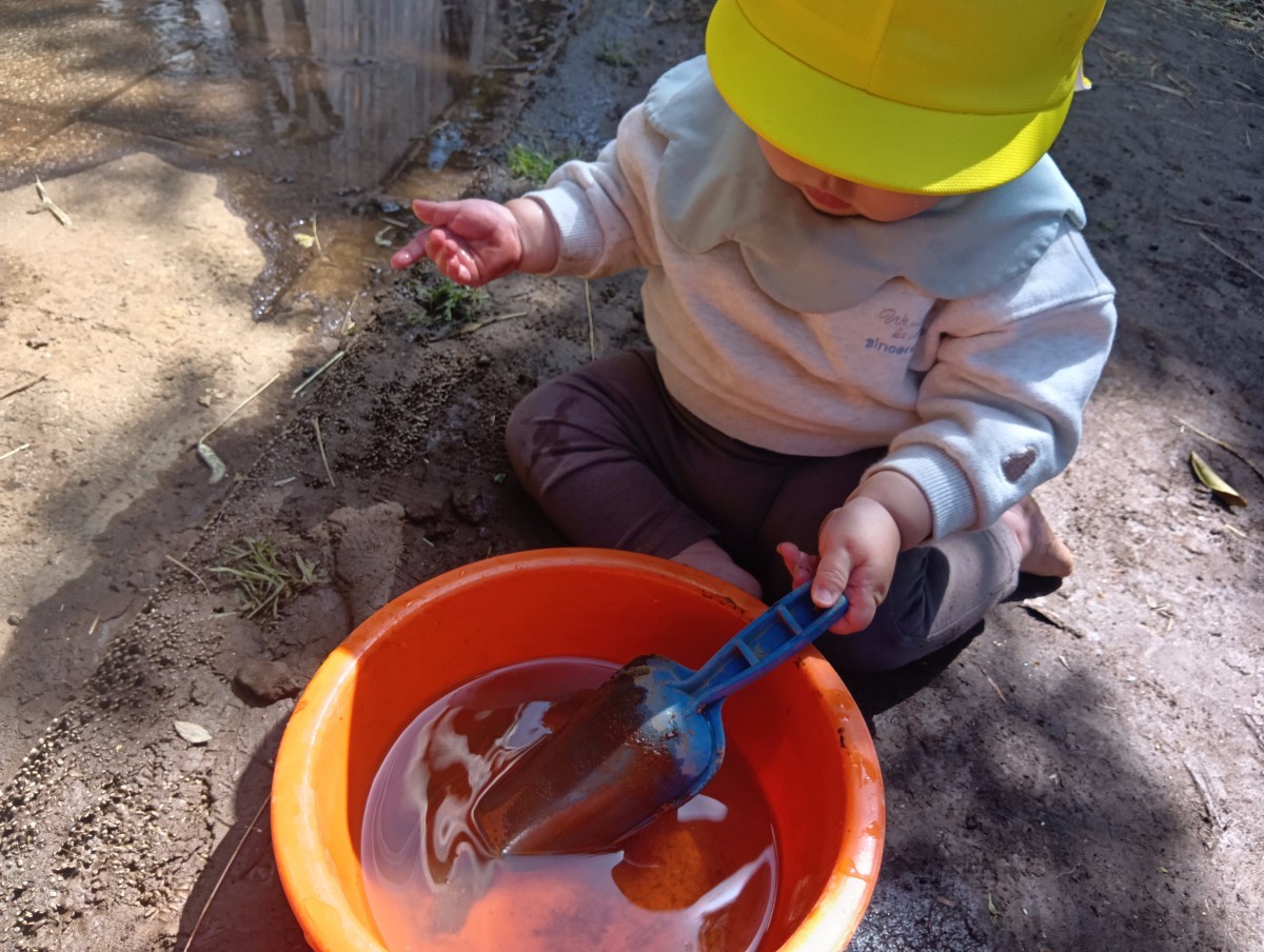 バケツに入った水に泥が溶けていく様子をじっと見ている子ども