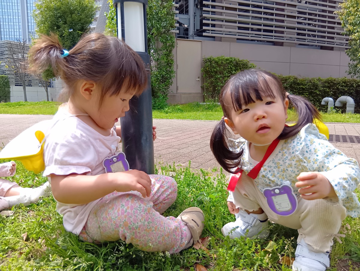 子どもたちが雑草の上でしゃがんでいる