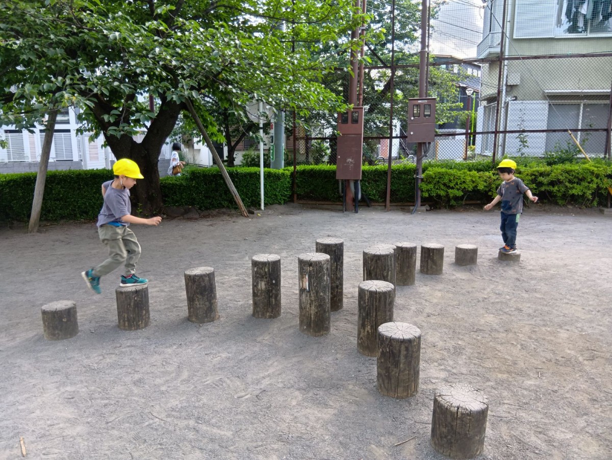 丸太の階段の端と端に二人の子どもがおり、丸太の上を歩いている。