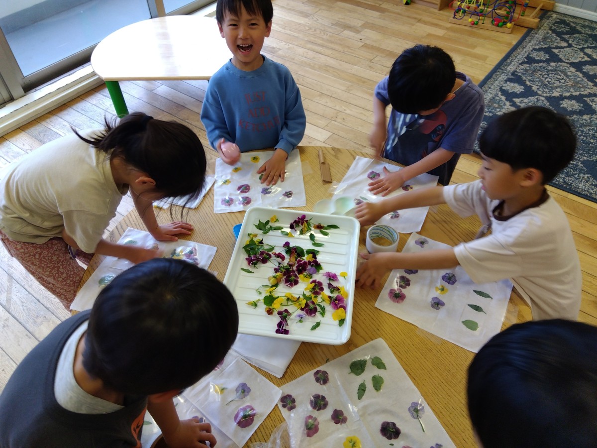 子どもたちが机の上で、テープでパンジーを固定したり、固定されたパンジーを積み木で叩いていたりしている。