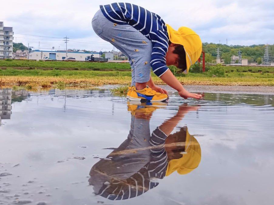 一人の子どもが水たまりの中に入り、腰をかがめて水面を覗き込んでいる。
