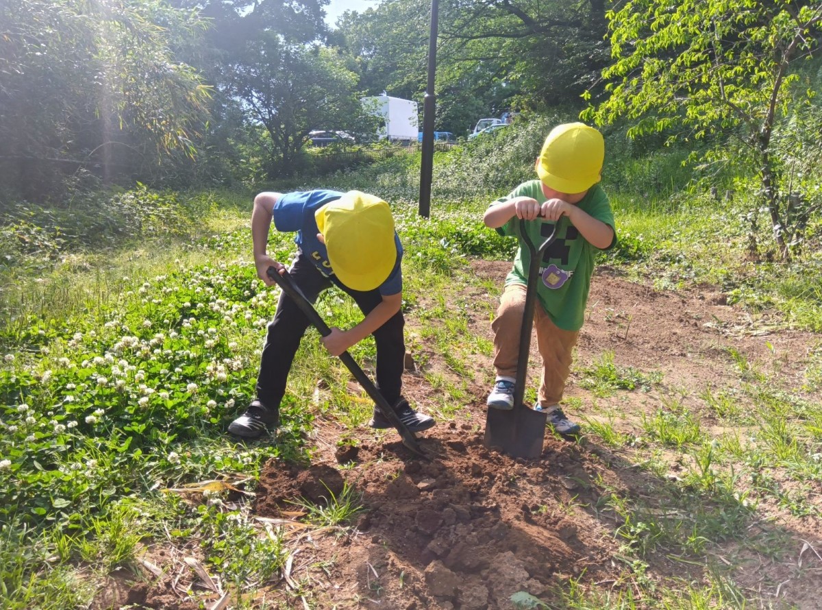 公園の畑で二人の子どもがシャベルで土を掘っている。