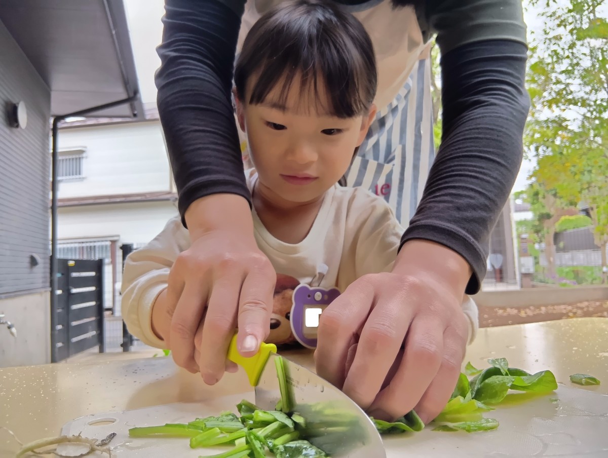 大人が子どもの手を支えながら、子どもは小松菜の葉を包丁で切っている。
