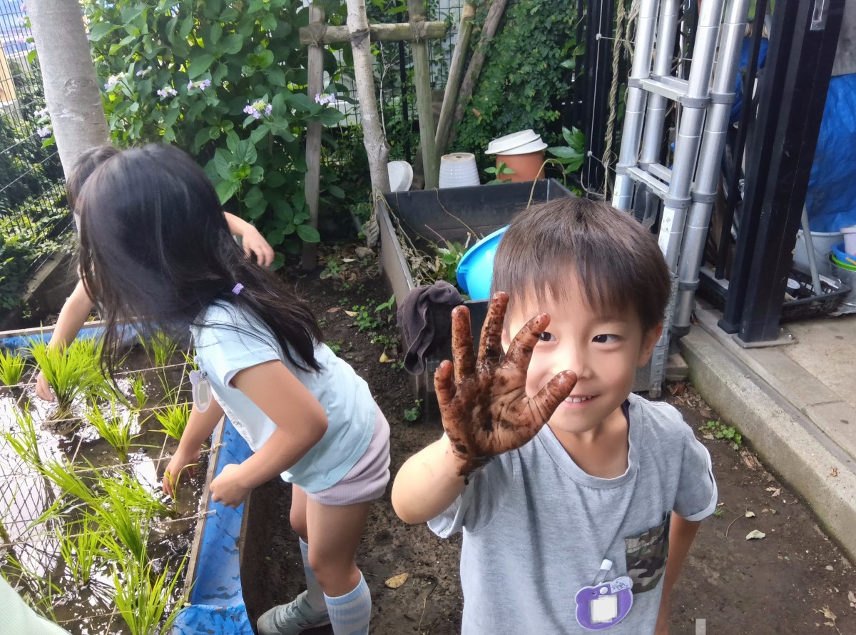 一人の子どもが泥がついた掌を保育者に見せている
