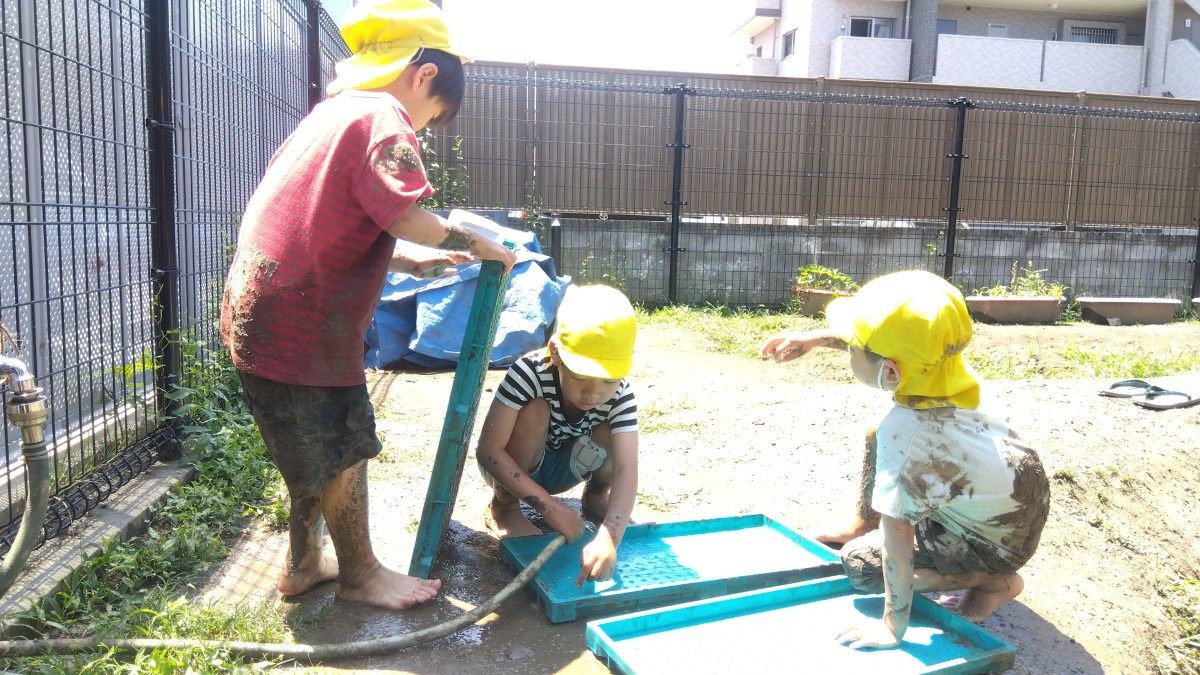 体中が泥だらけになった子どもたちが苗箱を洗っている