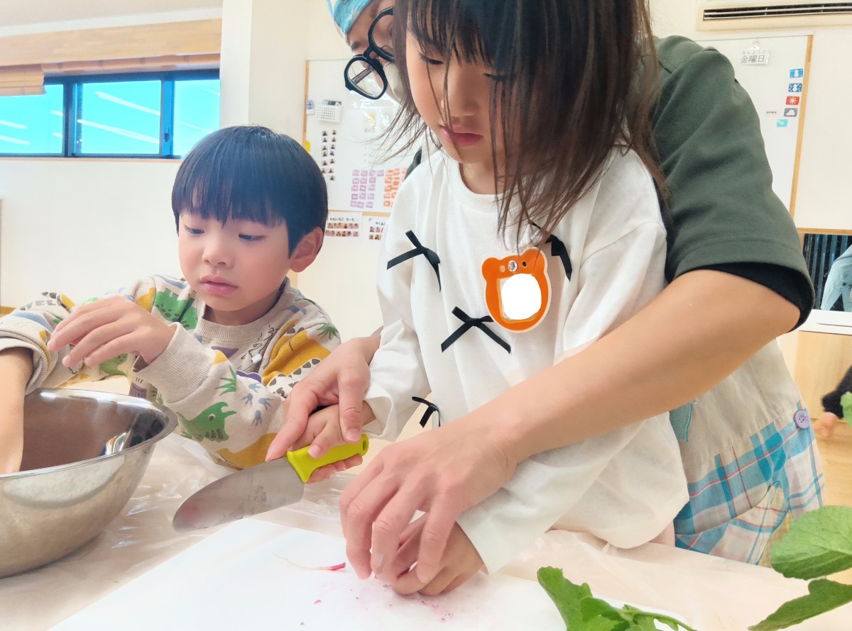 大人が後ろから子どもの手を支え、子どもが小さいラディッシュの包丁で切っている。