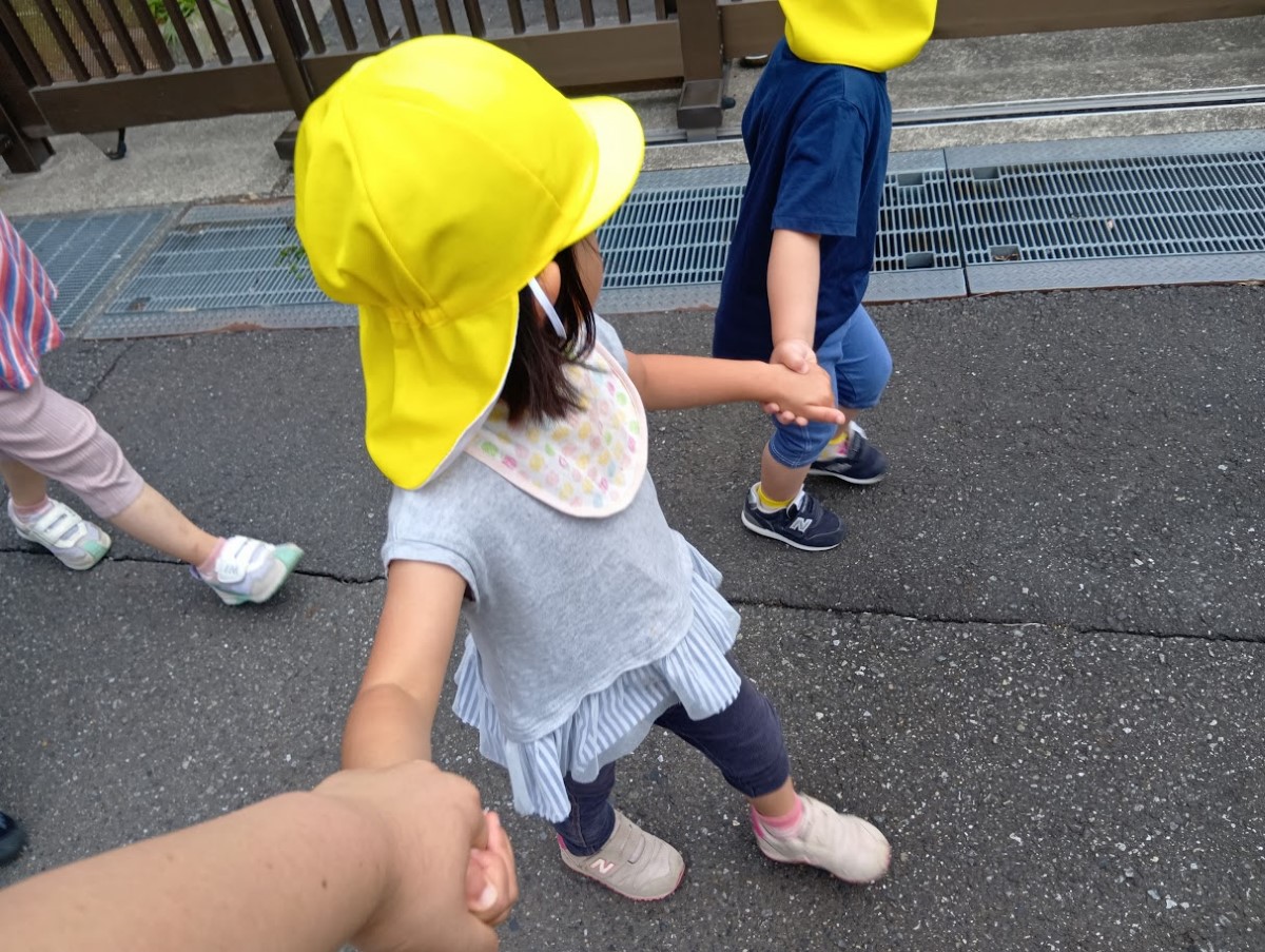 公道では子ども同士で手をつなぎ、反対側の手は一人の保育者が手をつないで歩いている