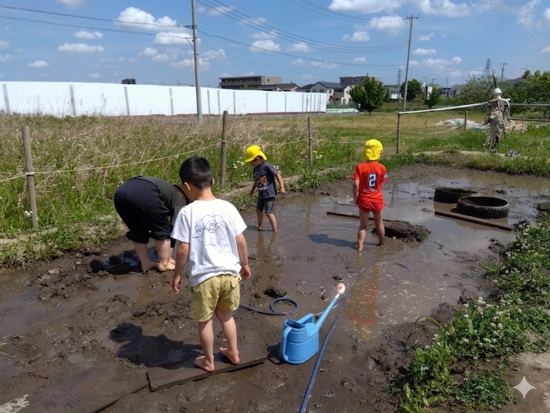 田んぼの中に大人と子どもたちが裸足で入っている。