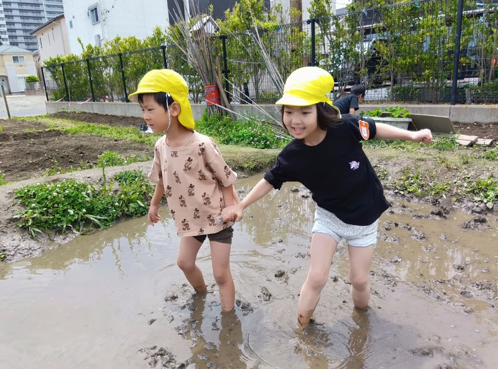 二人の子どもが、手をつないで田んぼの中を歩いている。