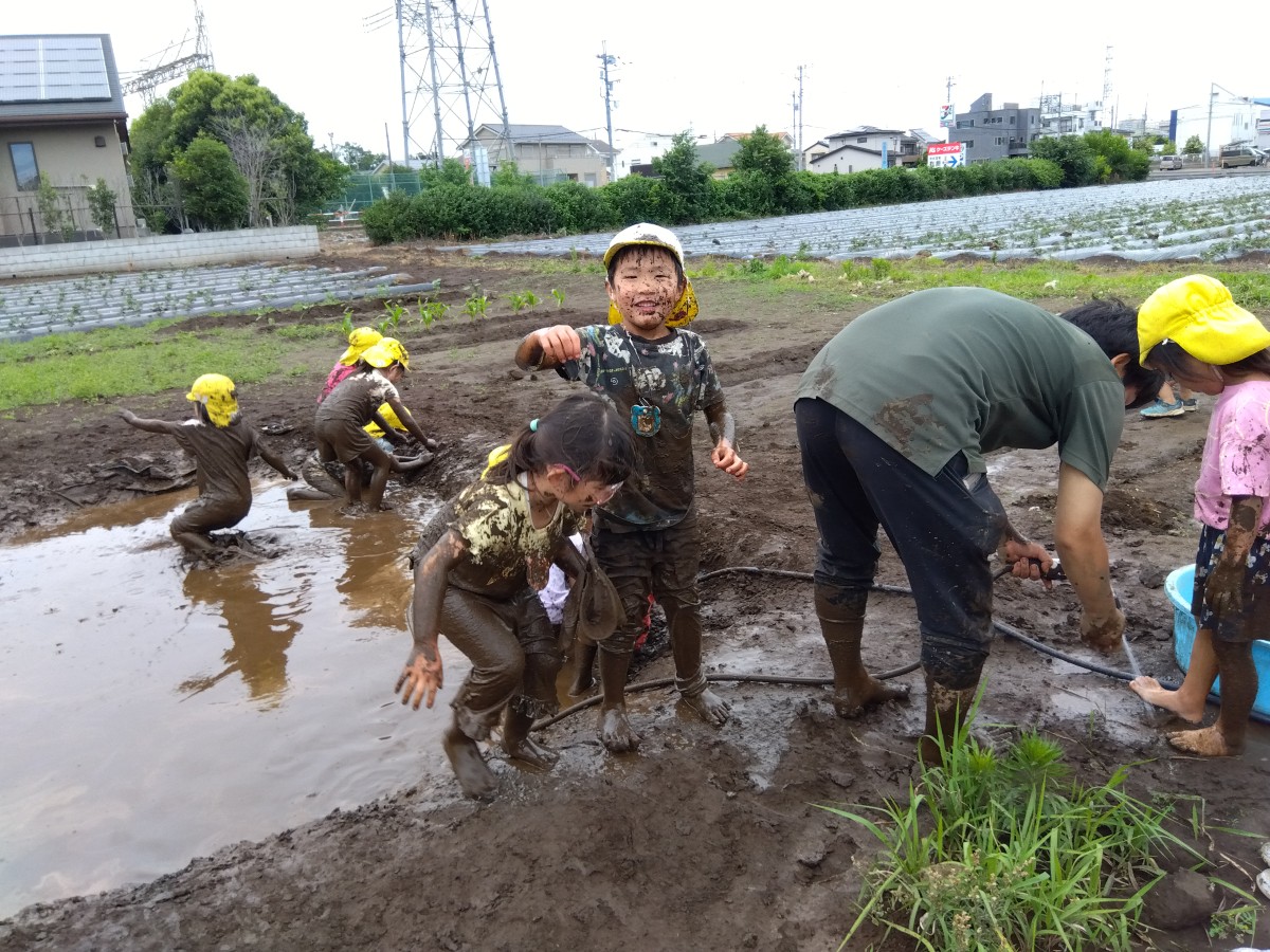 大人が泥だらけになった子どもの足をホースの水で洗い流している