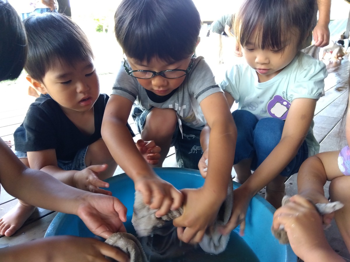 水の入った大きなたらいを囲み、子どもたちが雑巾を絞っている