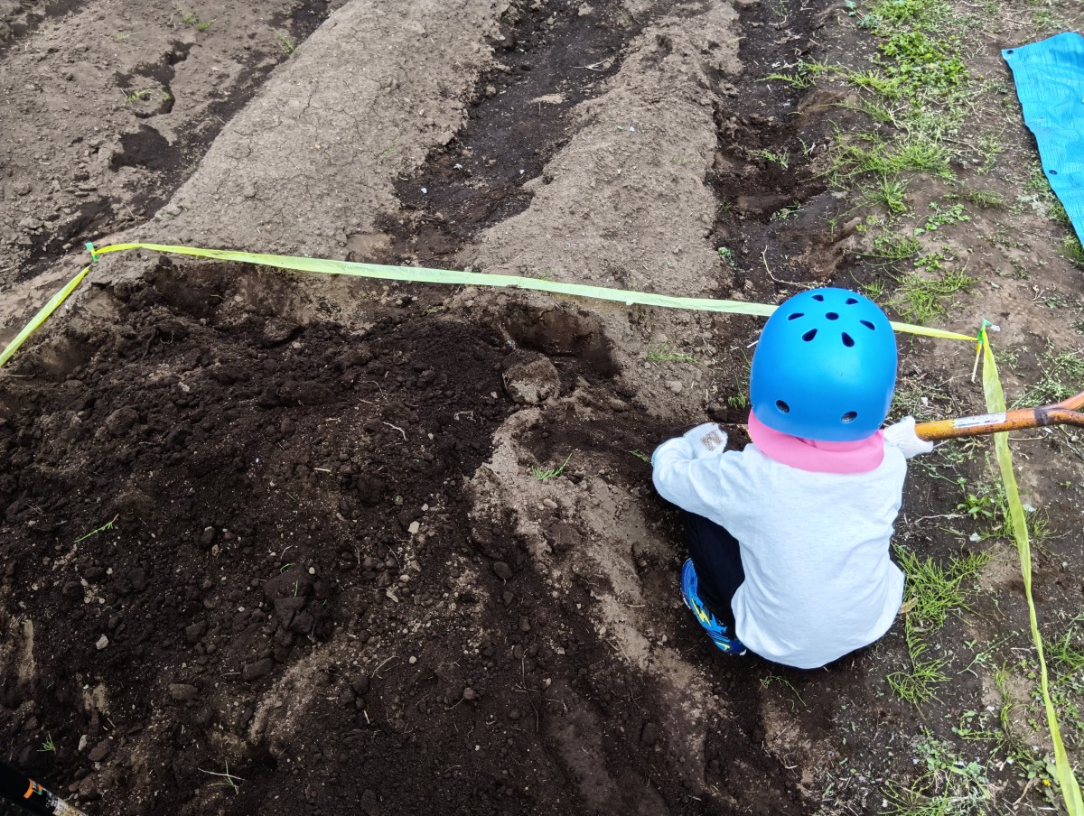 紐で区切られた畑で、シャベルを持った子どもがしゃがんで土を掘っている