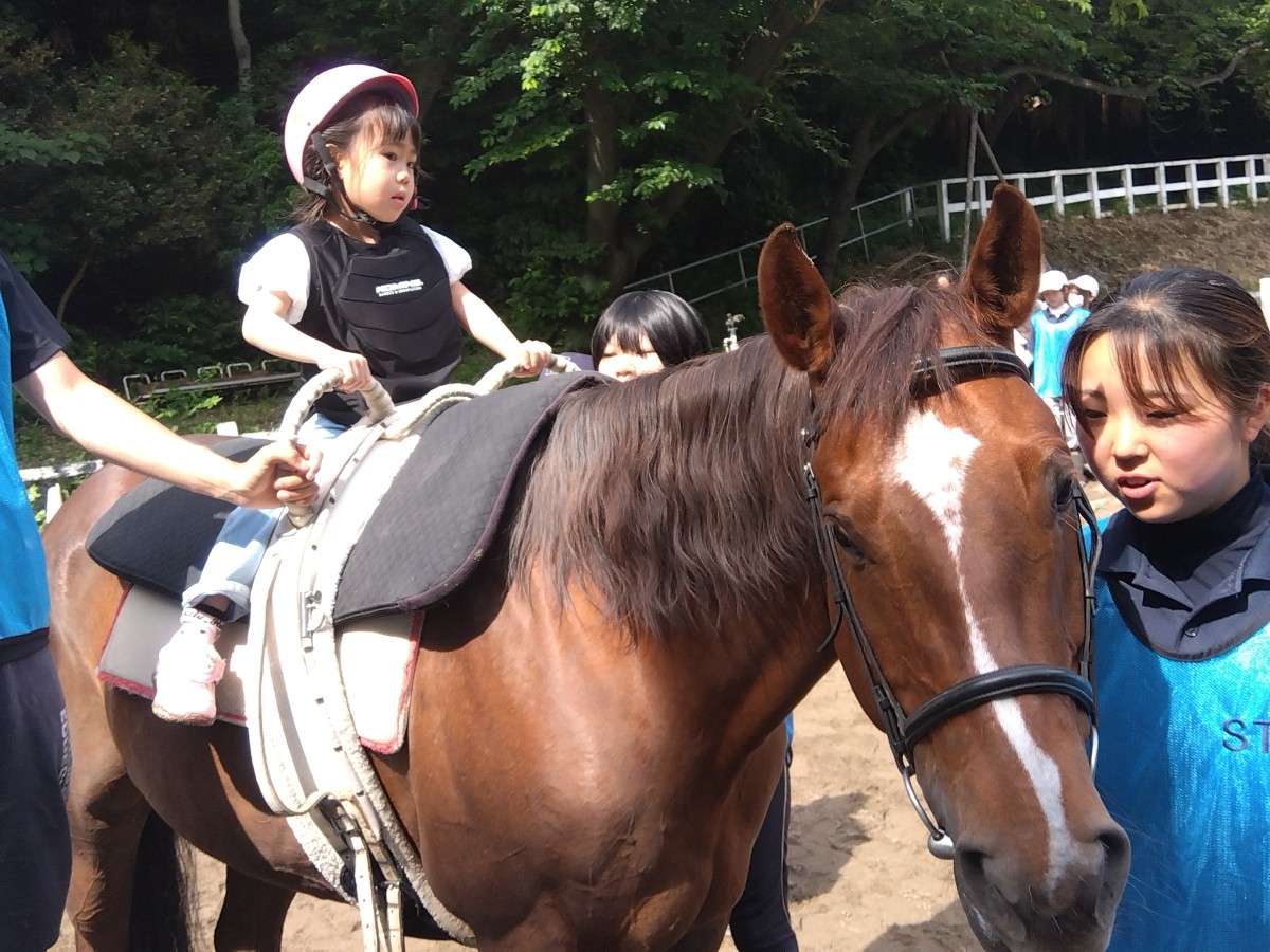 ヘルメットと胴着を着けた子どもが馬に乗り、近くでは３人の大人が馬の移動をサポートしている