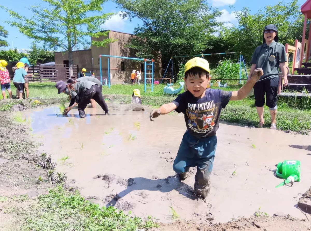 田んぼの中では、大人が田植えをしている反対側で、一人の子どもが笑顔で走っている