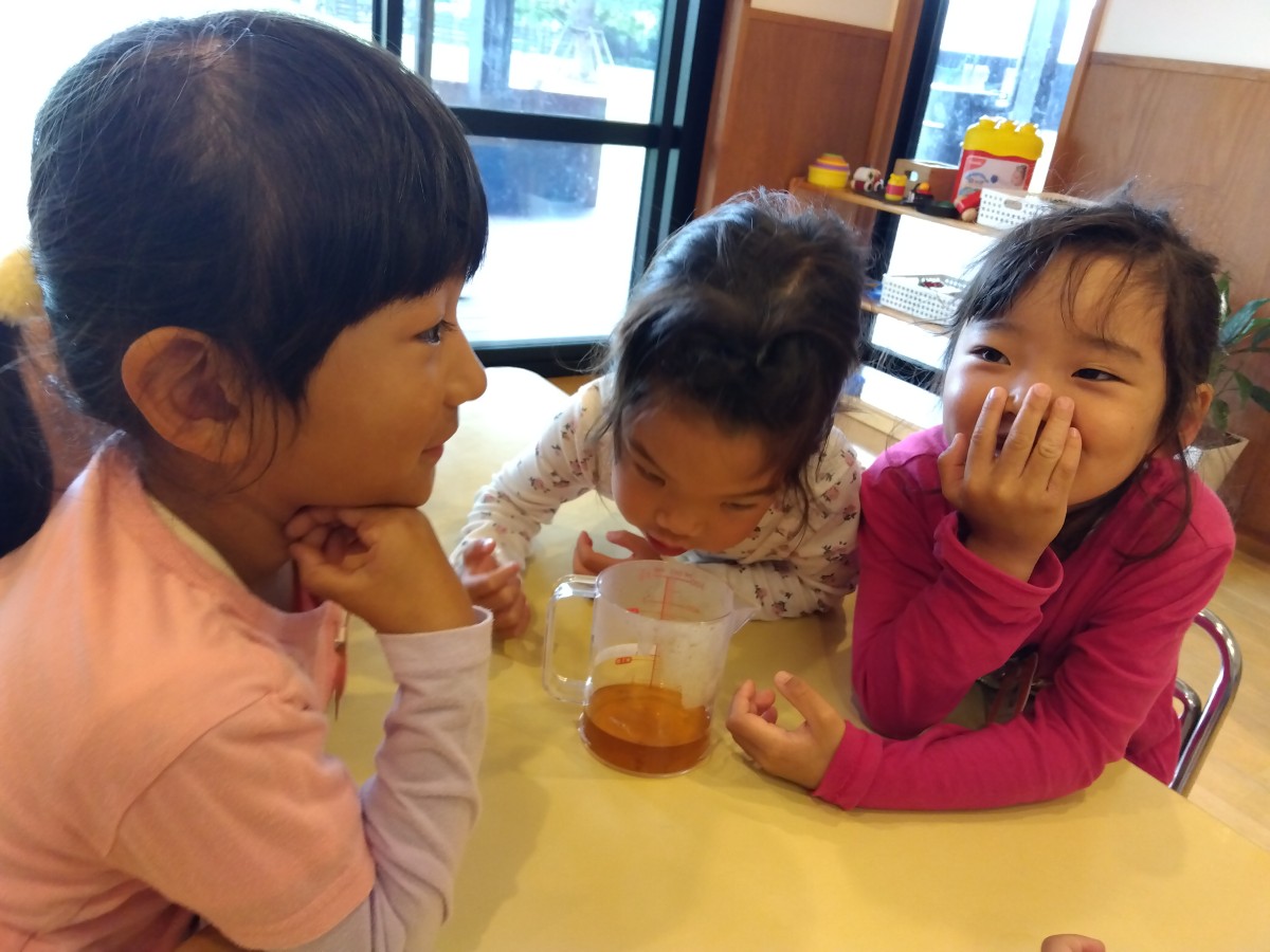 室内の机では、玉ねぎの皮を煮詰めた染液の匂いを嗅ぐ子、染液を見て話し合う子などがいる