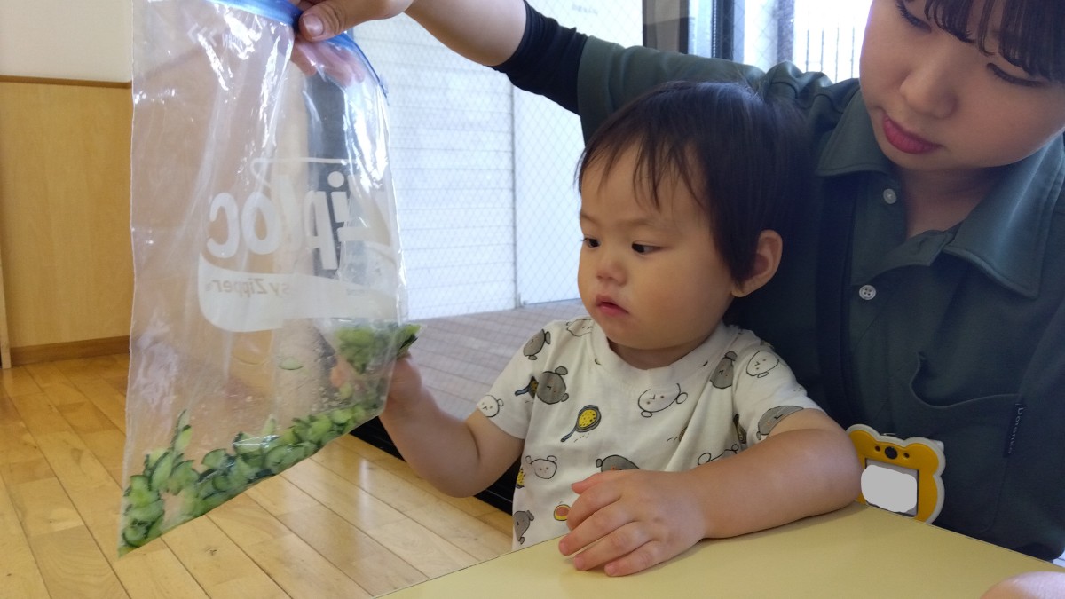 ジッパー付きポリ袋の中に入った薄切りキュウリを一人の子どもが揉んでいる