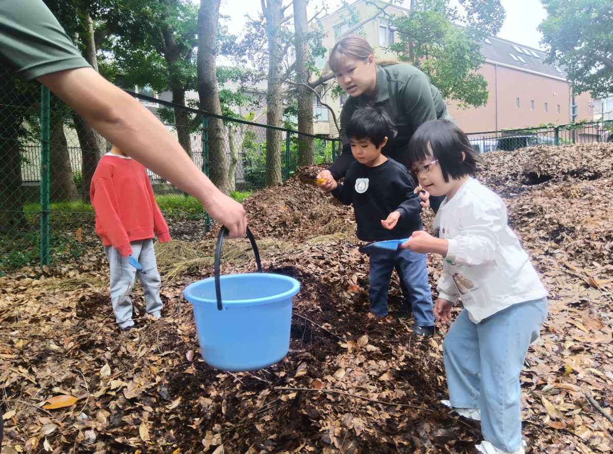 子どもたちはスコップで公園の腐葉土をすくい、スタッフが持つバケツに入れようとしている
