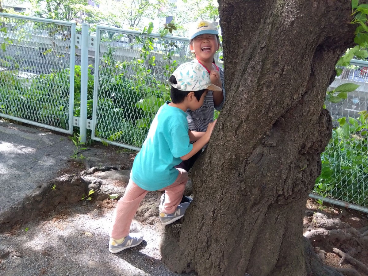二人の子どもが木の後ろに隠れており、笑顔でこちらを見ている