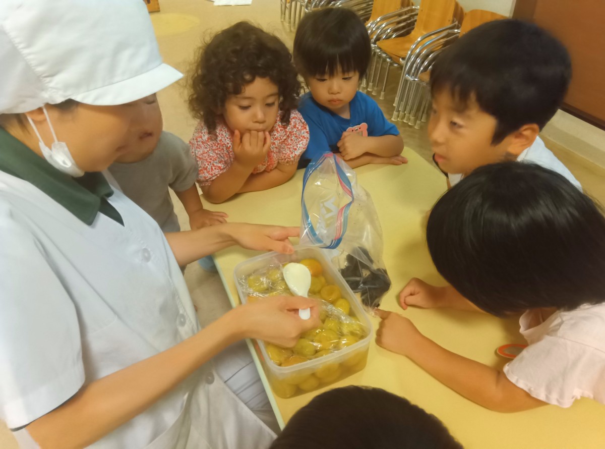 机にはジッパー付きポリ袋に入った赤紫蘇とタッパーに入った梅があり、その周りには子どもたちと一人の大人がいる