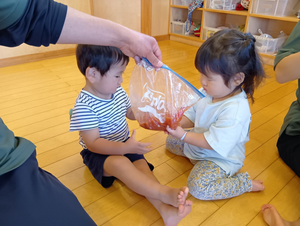 一人の大人がトマトが入ったジッパー付きポリ袋を上から持ち、二人の子どもがトマトの部分に触れて揉みつぶしている