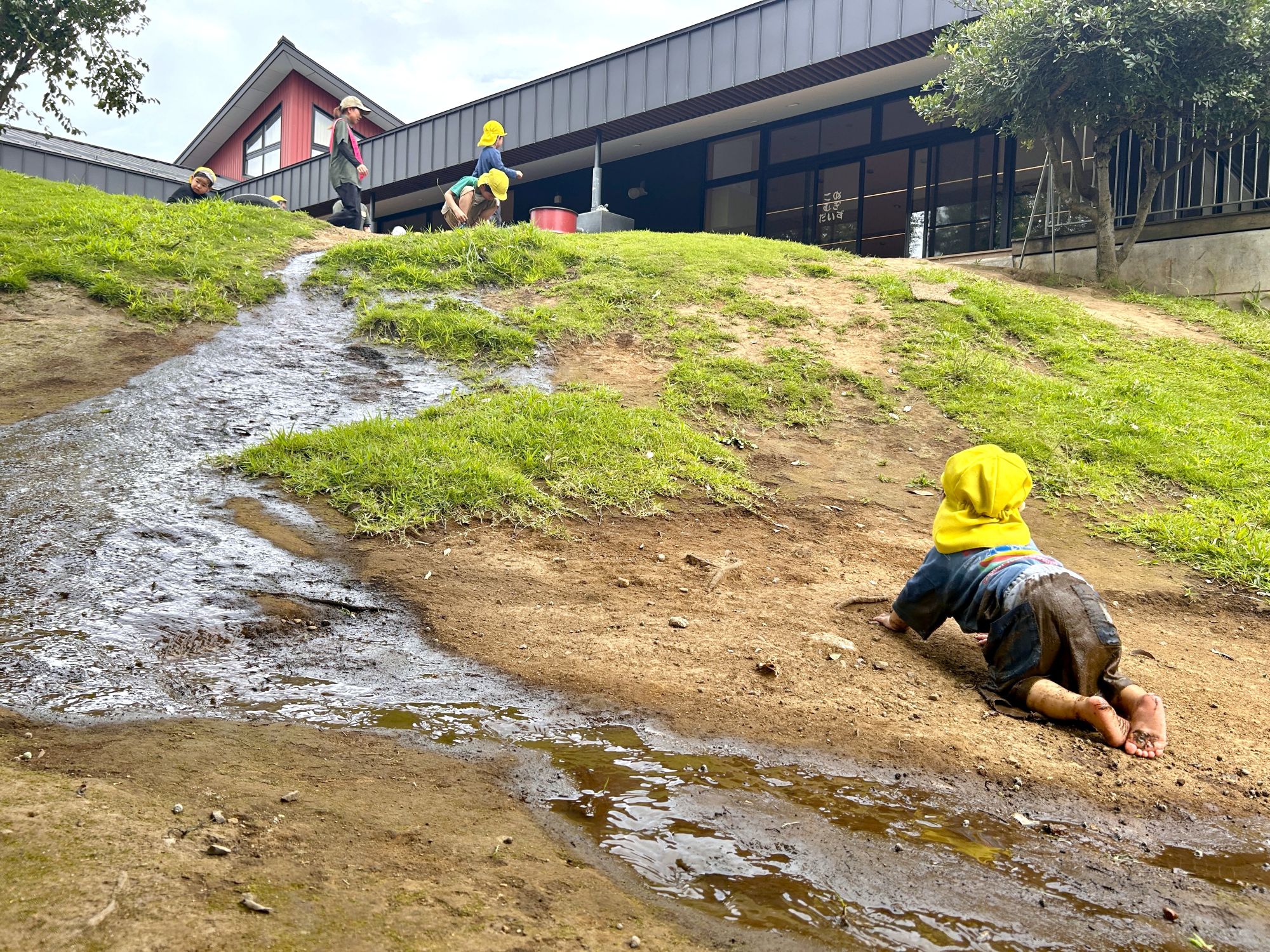 ハイハイで築山を登る0歳児