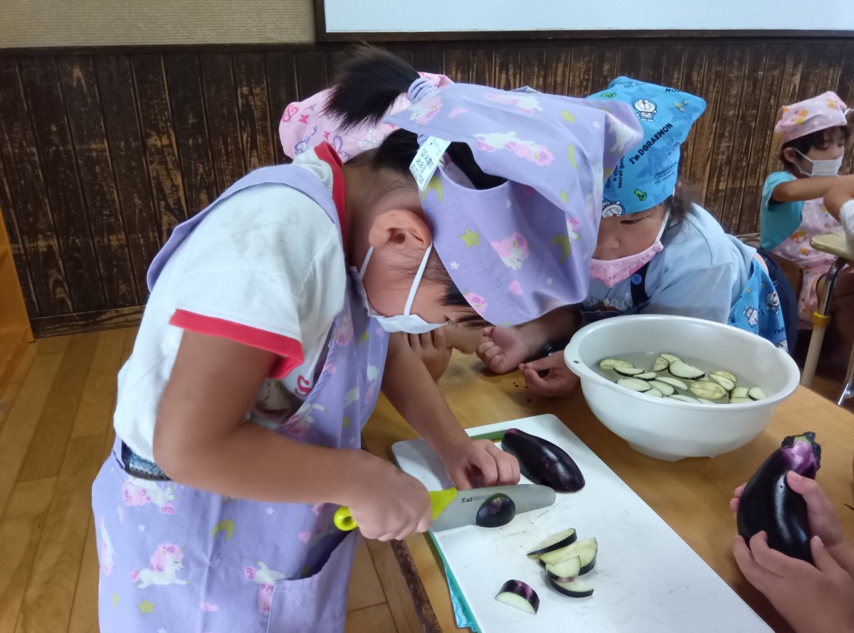 エプロン三角巾を着けた子どもが、一人で包丁を使ってナスを切っている