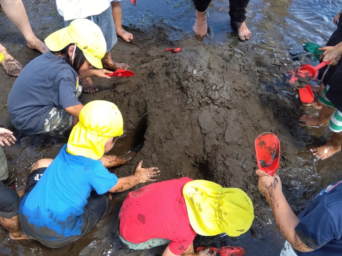 子どもたちは泥水の中に泥山を作り、山にトンネルを掘っている