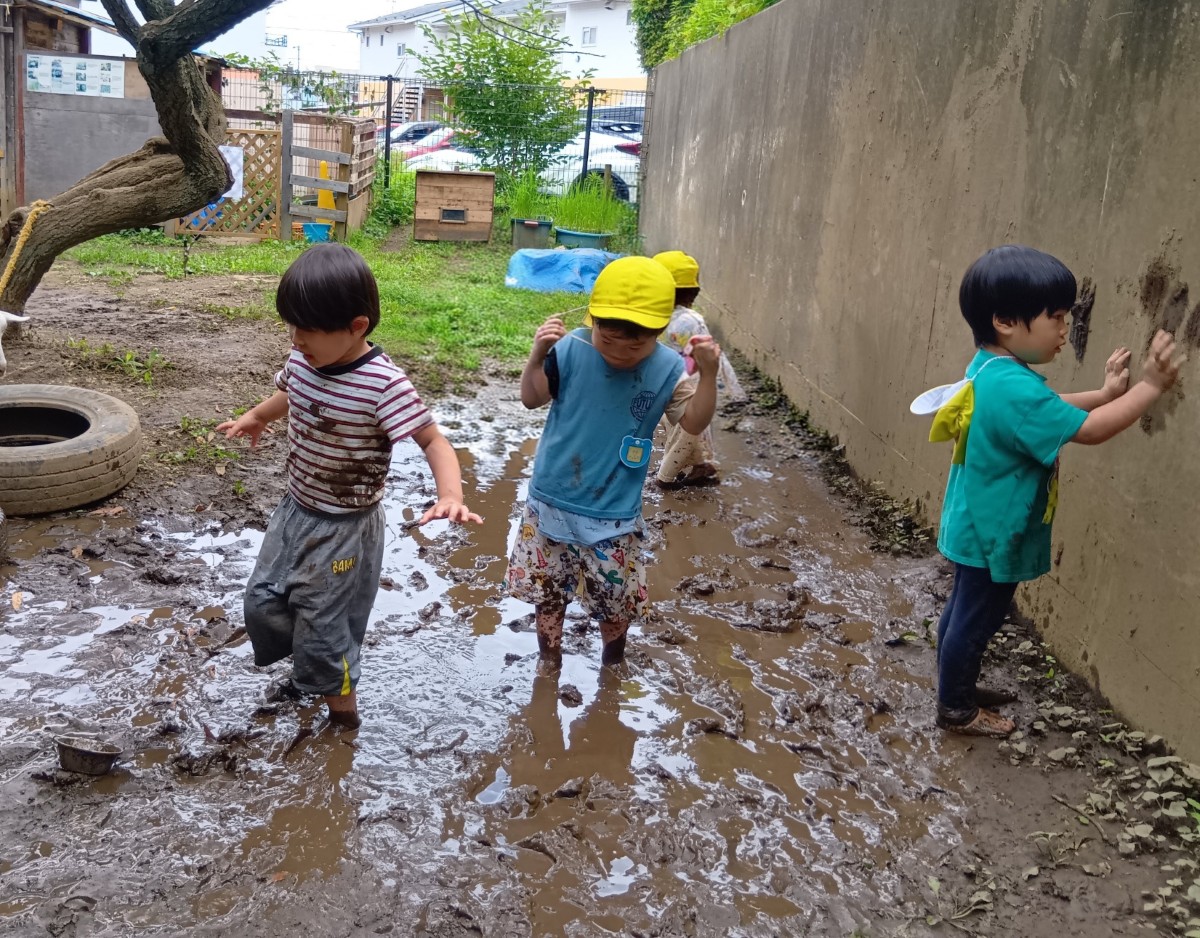 泥遊びでは、裸足の子どもが泥の中を歩いたり壁に泥の手形をつけたりしている
