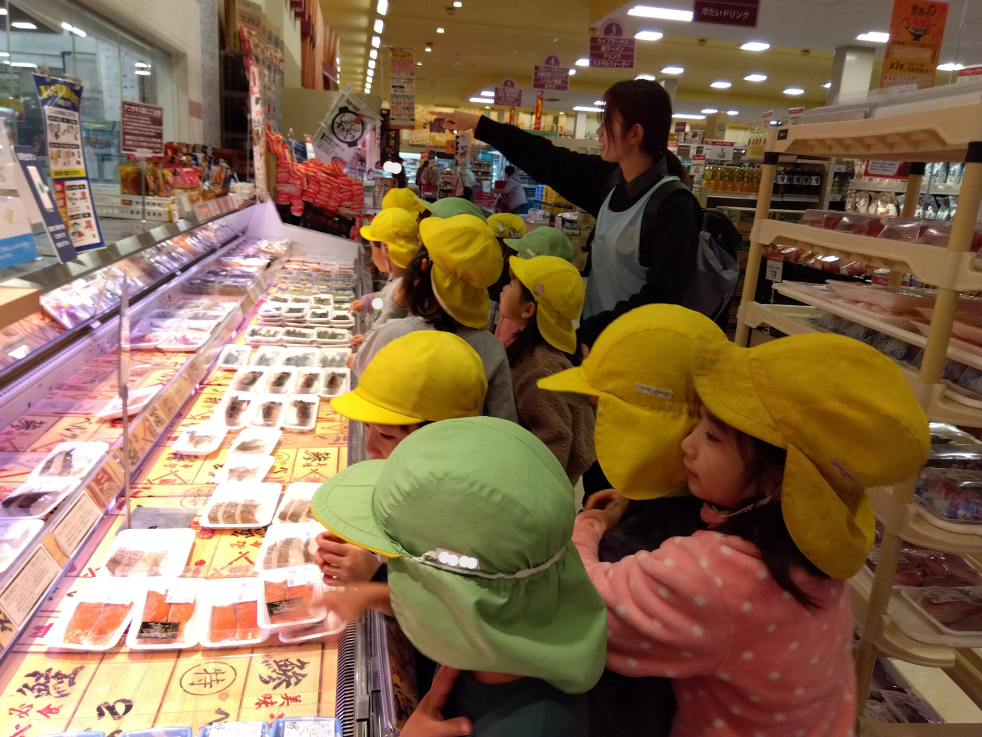 スーパーの鮮魚コーナーを見学する子どもたち
